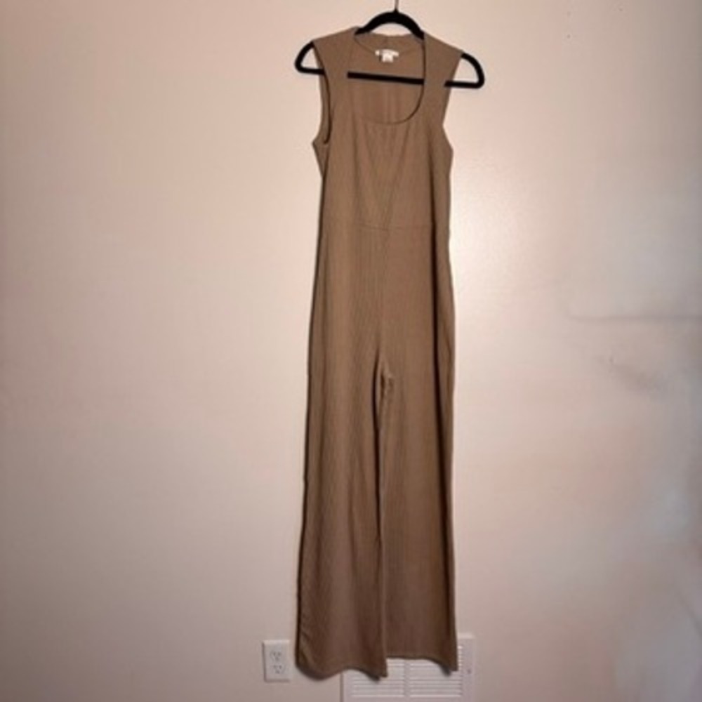 Antistar Womens Ribbed Knit Sleeveless Wide Leg Jumpsuit Tan Brown AM0830 Size L